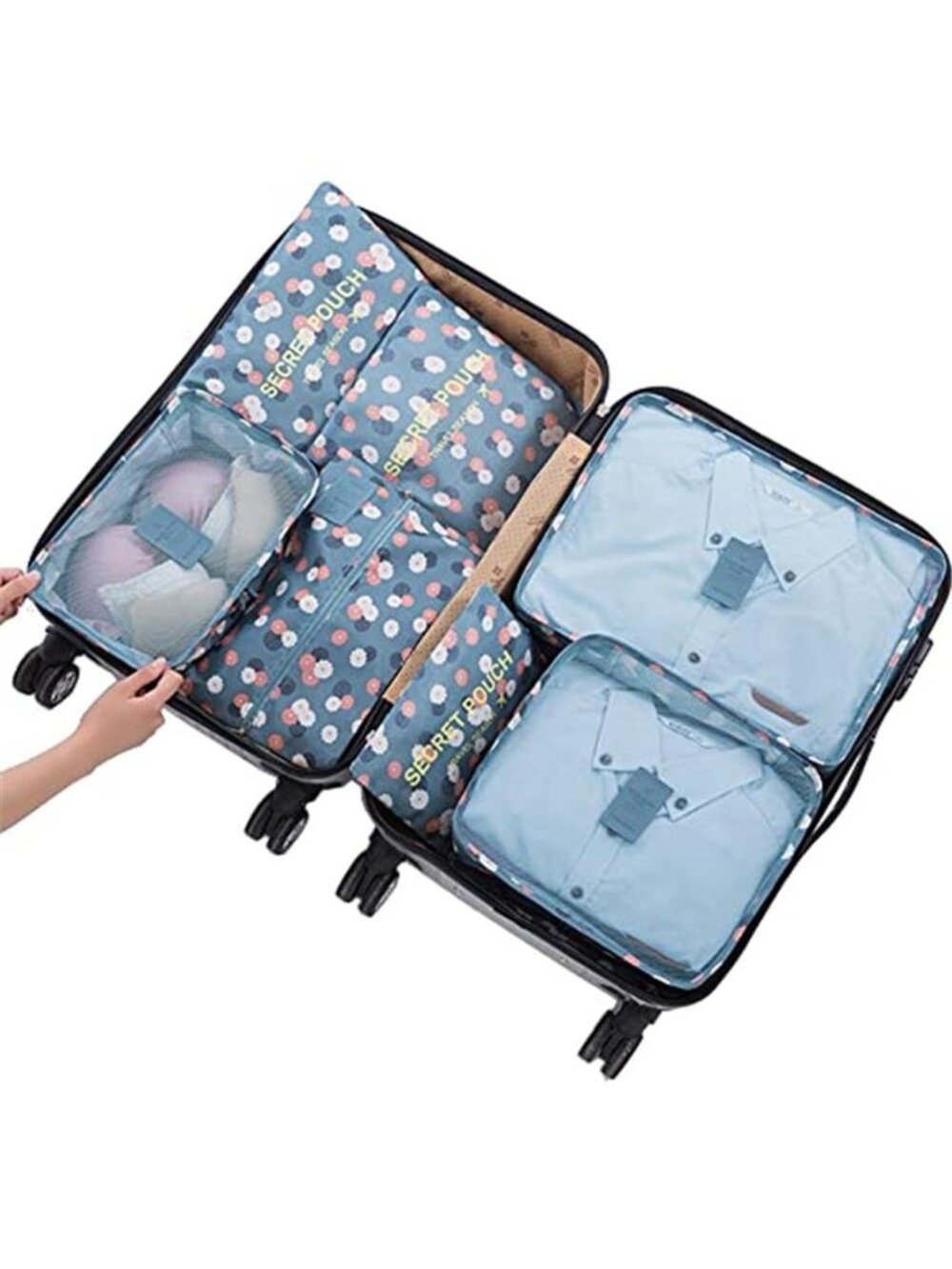 7 Set Packing Cubes Suitcase Luggage Organizer Travel Bags Blue Flower Large